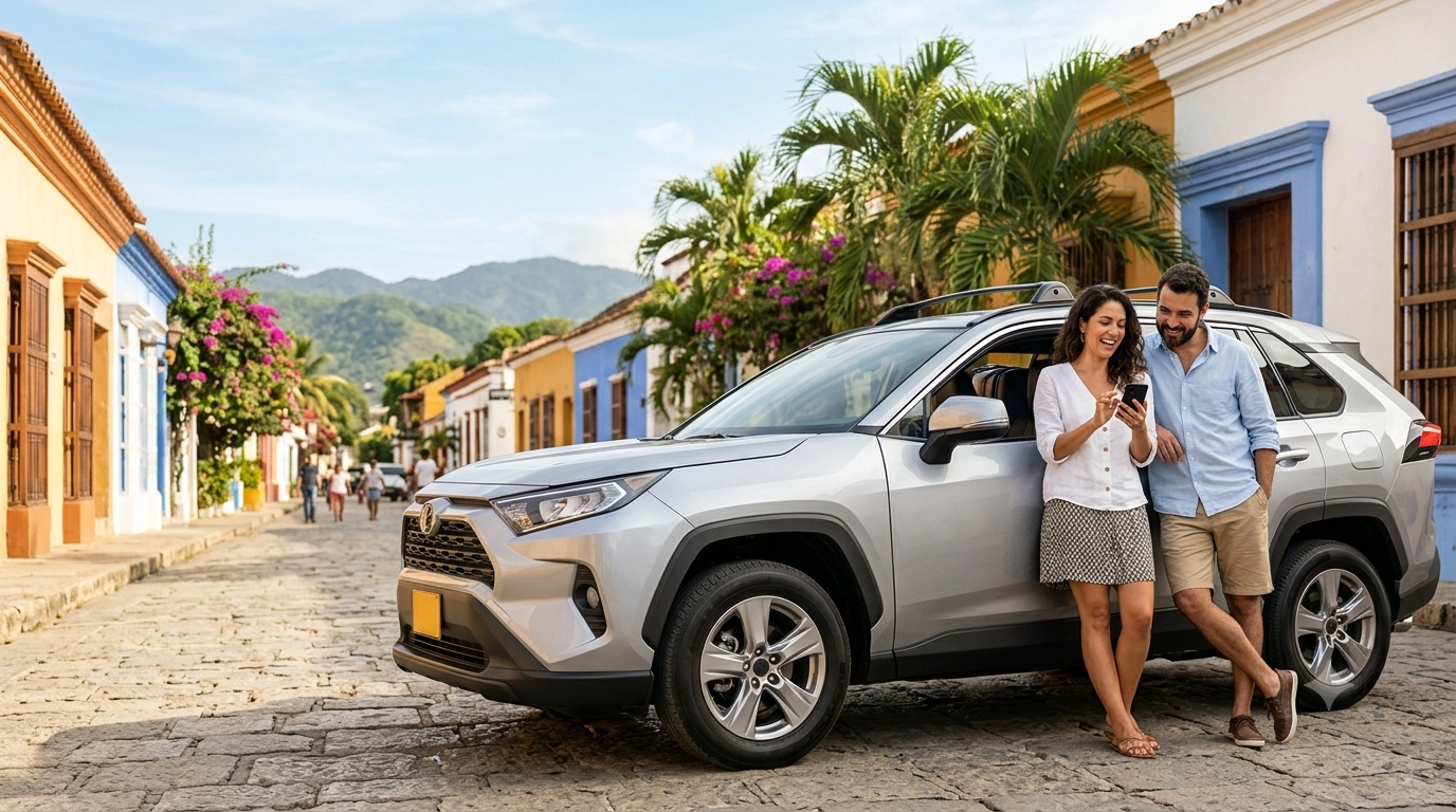 Pareja reservando un vehículo en línea con RENTARTURISMO en Colombia