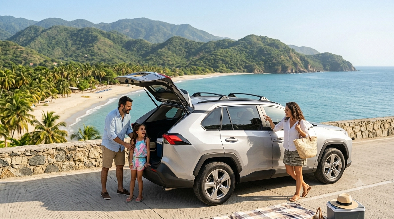 Familia llegando a una playa de Colombia en vehículo reservado en línea